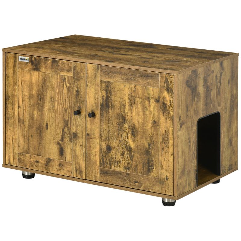 PawHut Rustic Farmhouse Cat Litter Box Furniture with Double Doors, Hidden Kitty Litter Enclosure Table, Darkness & Privacy, Wooden Pet End Table, 1 of 7