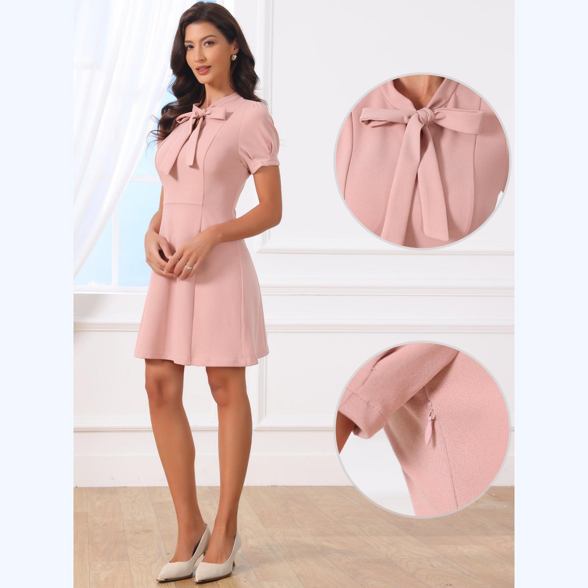 Женские платья INSPIRE CHIC Elegant Women's Work Tie Neck Puff Short Sleeve Business Office Short Dress Medium Pink — фото 3