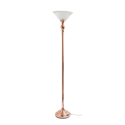 Elegant Rose Gold Torchiere Floor Lamp with Marbleized White Glass