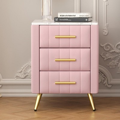 INFURNIC Nightstands Upholstered Wooden Nightstand with 3 Drawers Metal Legs Handles and Marbling Worktop for Bedroom, Pink, 16.3"*16.3"*21.8"