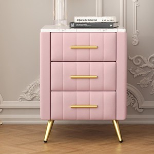 INFURNIC Nightstands Upholstered Wooden Nightstand with 3 Drawers Metal Legs Handles and Marbling Worktop for Bedroom, Pink, 16.3"*16.3"*21.8" - 1 of 4