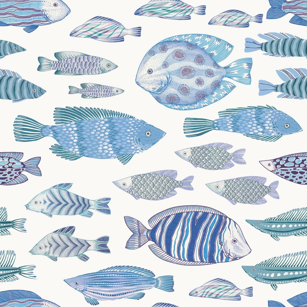 Tempaper & Co. 28 sq ft Marine Fish Peel and Stick Wallpaper Off-White and Blue