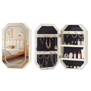 VECELO LED Jewelry Cabinet, Wall/Door-Mounted Jewelry Organizer with Frameless Lighted Mirror, Storage Hanging Cabinet & USB Port, White - 1 of 4