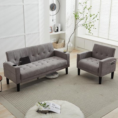 TYBOATLE 2-Piece Sofa Couch, Modern Linen Upholstered Sofa, 1 Loveseat & 1 Accent Chair Sofa with Deep Seats for Living Room,Light Gray