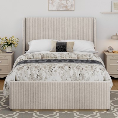 Queen/King Size Corduroy Upholstered Bed Frame with Vertical Stripe Wingback Headboard and High Footboard - ModernLuxe
