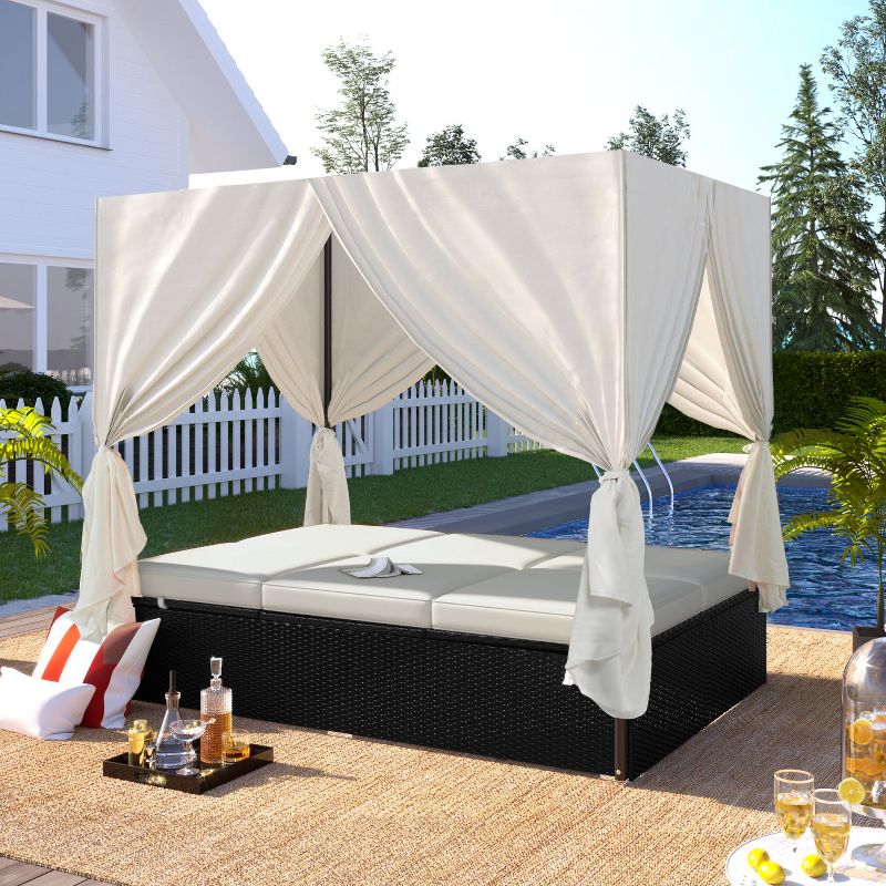 PE Wicker Patio Sunbed with Canopy, Outdoor Daybed with Adjustable Seats - Maison Boucle, 2 of 8