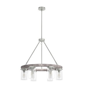 Hunter 26.5" Devon Park Ceiling Light Brushed Nickel Finish - Rustic Wood & Glass 6-Bulb Chandelier for Farmhouse Style - 1 of 4