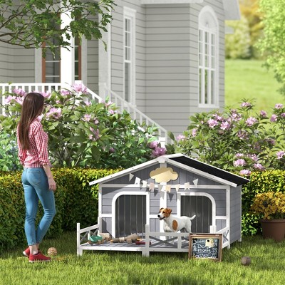 Elevated Large Wooden Dog House with Spacious Sun Deck, Gray