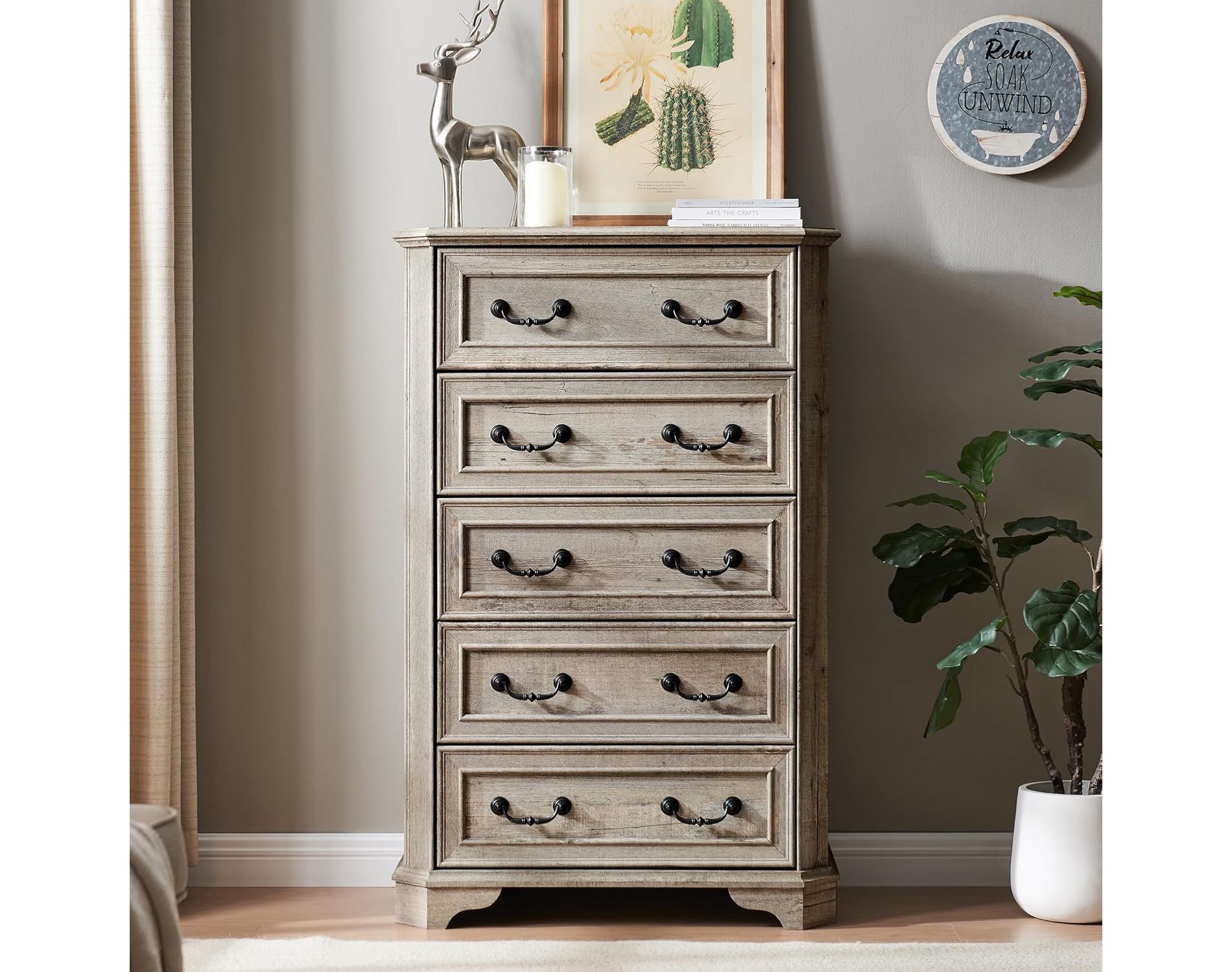 48" Farmhouse 5 Drawers Dresser for Bedroom, Vintage Design Tall Wood Rustic Chest of Drawers for Living Room, Hallway, Light Rustic Oak