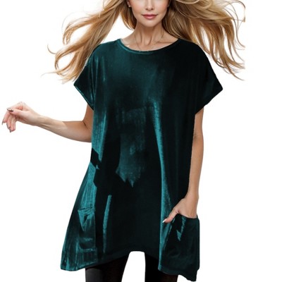 Amaryllis Women's Velvet Tunic with Asymmetrical Hem Round Neck Short Sleeves Loose Fit Side Pockets Comfortable