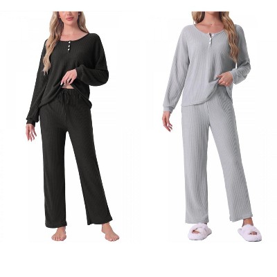 cheibear Women's Waffle Knit Lounge Longsleeve Soft Pajama Set