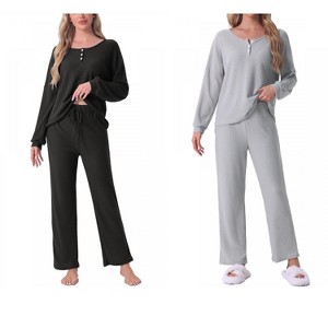 cheibear Women's Waffle Knit Lounge Longsleeve Soft Pajama Set - 1 of 4