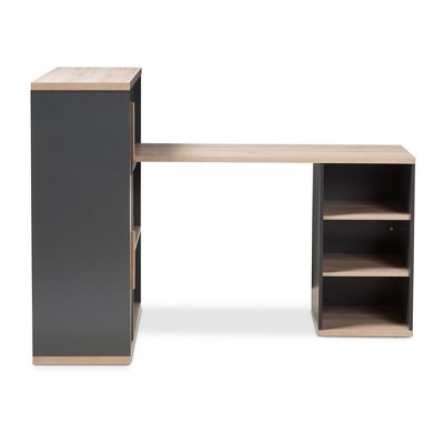 Contemporary Gray and Light Oak 63" Writing Desk with Built-In Shelving