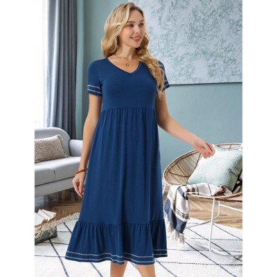 Женские платья INSPIRE CHIC Women's Summer V Neck Short Sleeve Contrast Trim A Line Midi Summer Dress with Pockets Blue Small — фото 3