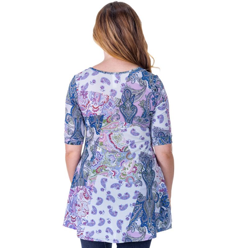 24seven Comfort Apparel Womens Purple Paisley Print Elbow Sleeve V Neck Henley Tunic Top, 3 of 9
