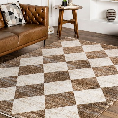 Meline Beige and Brown Checkered Rectangular Area Rug
