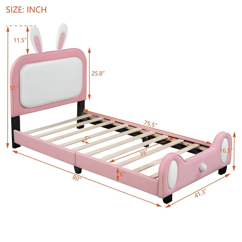 Full/Twin Size Upholstered Rabbit-Shape Princess Platform Bed+Pink-ModernLuxe, 3 of 9
