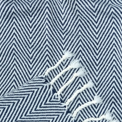Navy and White Chevron Knitted Acrylic Throw Blanket with Tassels