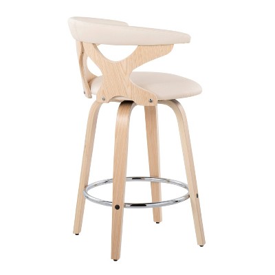 Mid-Century Modern Swivel Counter Stool in Natural Wood & Cream