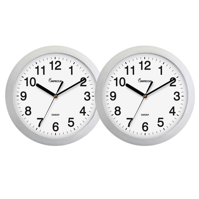 Impecca 14 Inch Sweep Movement Wall Clock, Silver Frame, 2-Pack, 1 of 4