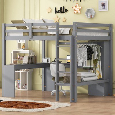 TIRAMISUBEST Twin/Full Size Loft Bed with Bulit-in L-shaped Desk, Wardrobe and Storage Shelves, Solid Wood Loft Bedframe with Ladder and Guardrail