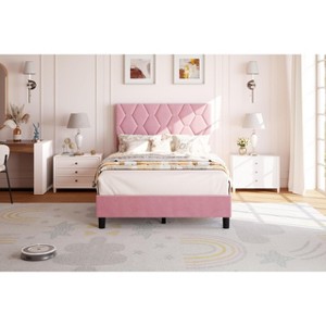 King Bed Frame with Upholstered Headboard, Heavy-Duty Platform Bed Frame with Strong Wood Slats, No Box Spring Needed/Noise Free/Easy Assembly - 1 of 4