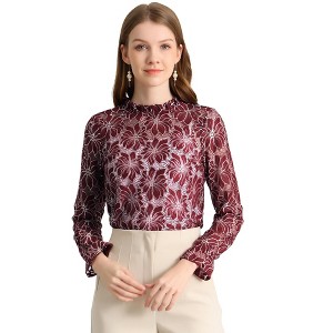 INSPIRE CHIC Women's Crochet Lace See-Through Ruffle Frill Neck Floral Elegant Blouse - 1 of 4