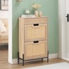 Natural Rattan Shoe Cabinet, 2 Flip Door Shoe Rack with a Drawer, Modern Freestanding Shoe Organizer with 3 Position Adjusted and Removable Shelf - 2 of 4