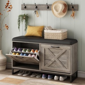 Shoe Storage Bench with Flip Drawers & Coat Rack, Shoe Cabinet - 1 of 4