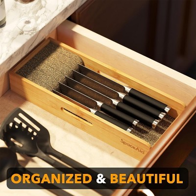 Small Bamboo Knife Drawer Organizer with Cork Dividers