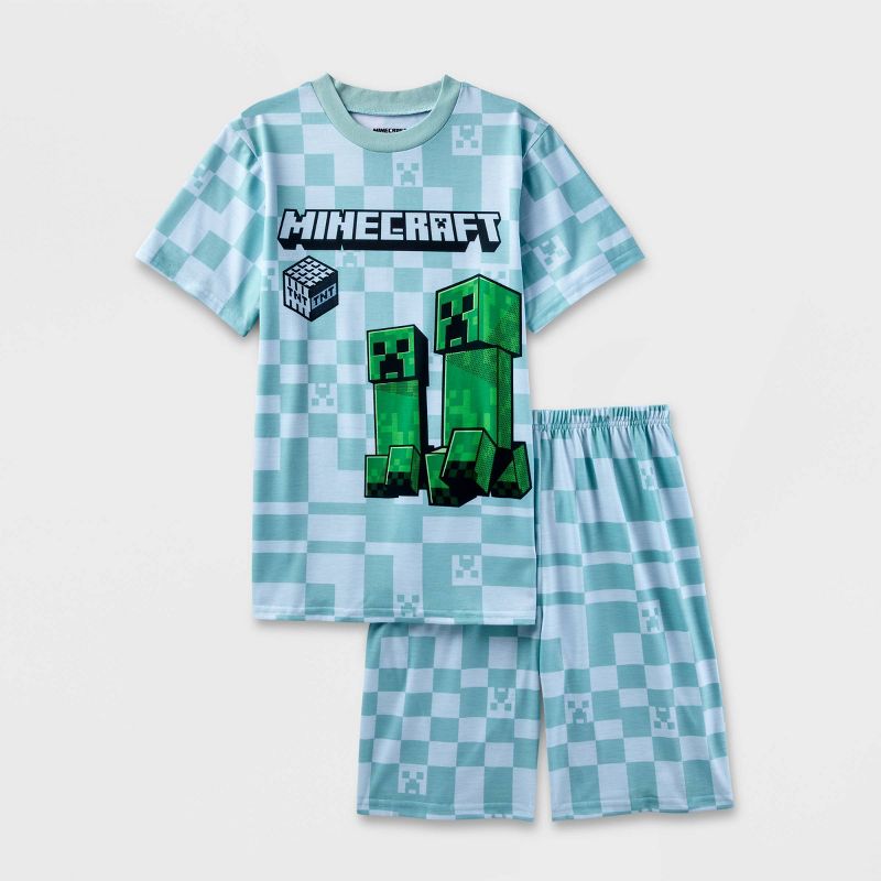 Boys&#39; Minecraft 2pc Short Sleeve Top &#38; Shorts Pajama Set - Blue/Gray, 1 of 4