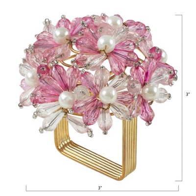 Pink Beaded Floral Iron Napkin Rings Set of 4