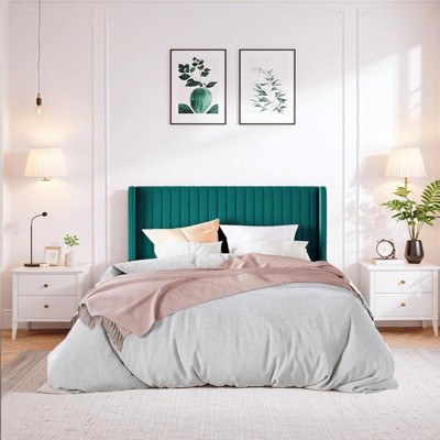 Allewie Bed Platform Frame/Velvet Upholstered Bed Frame with Vertical Channel Tufted Headboard/Strong Wooden Slats/Box Spring Optional