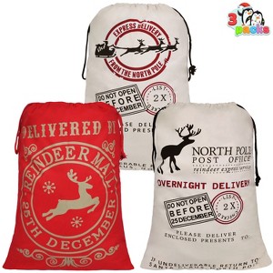 Joyfy 3 Pcs Christmas Canvas Gift Bag, 26" x 19" Drawstring Santa Burlap Sack Large Gift Bags for Christmas Gift Package Party Favors Hoilday Decor - 1 of 4