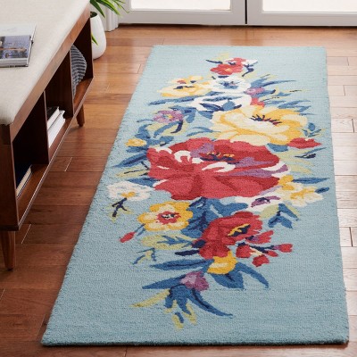 Blue and Rose Floral Wool Hand-Tufted Runner Rug