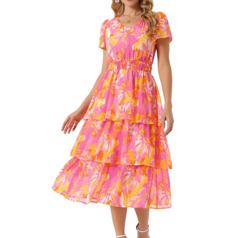 Женские платья INSPIRE CHIC Women's Floral V Neck Short Sleeve Ruffle Tiered Layered Swing Summer Midi Dress Hot Pink Small