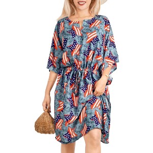 LA LEELA Women's Summer 4th of July Patriotic Beach Dress Swimwear Caftan Mini Dress Bikini Beachwear Kaftan 2X-3X Grey US Stars - 1 of 4