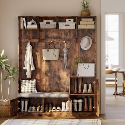 78.7" Tall Hall Tree with Bench and Shoe Storage, Modern Wood Entryway Bench with Coat Rack, 4 Hanging Hooks, 3 Open Compartments for Hallway, Mudroom