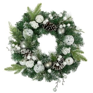 Northlight Green Pine Frosted Artificial Christmas Wreath with Laced Ornaments, 24-Inch, Unlit - 1 of 3