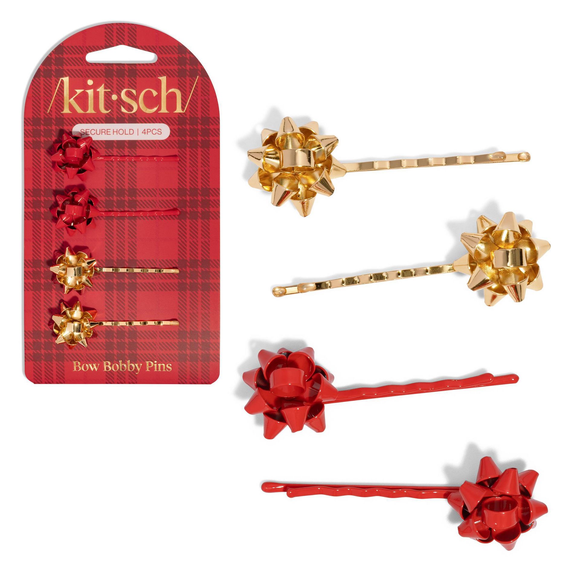 Kitsch Metal Gift Bow Bobby Pins - Red & Gold - 4ct