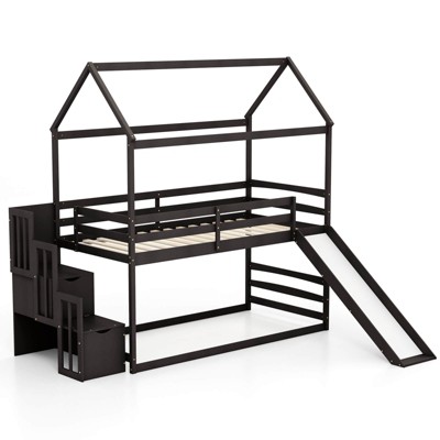 Infans Loft Bed w/ Slide & Storage Staircase Twin Over Twin House-shaped Bunk Bed
