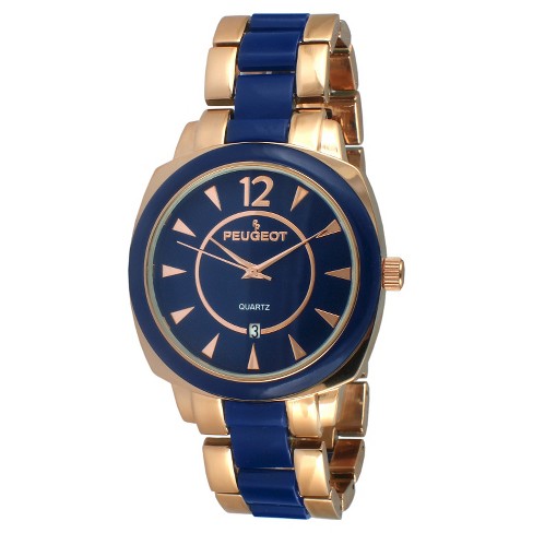 Women's Peugeot Acrylic Link Bracelet Watch - Rose Gold and Blue