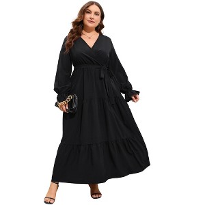 Plus Size Women's V Neck Long Sleeve Maxi Dress with Belt Flowy Elegant Floor Length Dress - 1 of 4