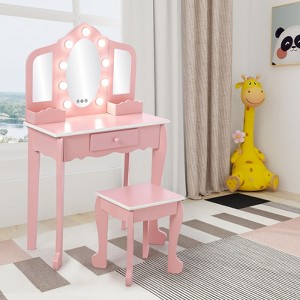 Kids Vanity, Girls' Vanity Table and Chair Set, Girls Makeup Vanity, Kids Makeup Dressing Table, Kids Vanity Desk Set with Mirror, Drawer& Lights - 1 of 4
