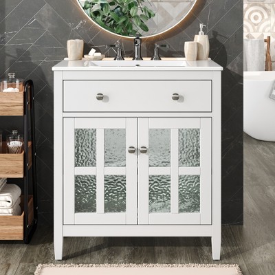 JUJABU 30" Bathroom Vanity with Ceramic Sink, Adjustable Shelf, Tip-Out Tray and Solid Wood Legs