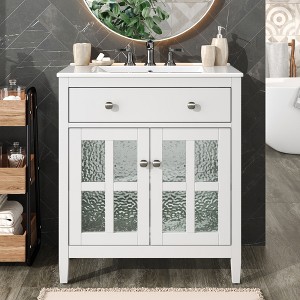 JUJABU 30" Bathroom Vanity with Ceramic Sink, Adjustable Shelf, Tip-Out Tray and Solid Wood Legs - 1 of 4