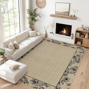 Acekool Washable Runner Rug 2x6 Modern Bordered Floral Print, Non-Slip Low Pile Soft Bedside Rug for Hallway, Laundry, Bedroom,Beige - 1 of 4