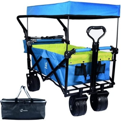FURNIinspire Outdoor Serving Carts Collapsible Wagon Foldable with Removable Canopy Wheels for All-Terrain Brake for Camping, Blue, 35.4"*19.7"*44.5"