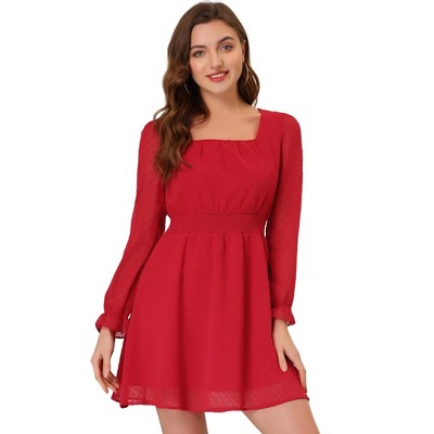 Allegra K Women's Swiss Dots Puff Square Neck Smocked Waist Chiffon Dress