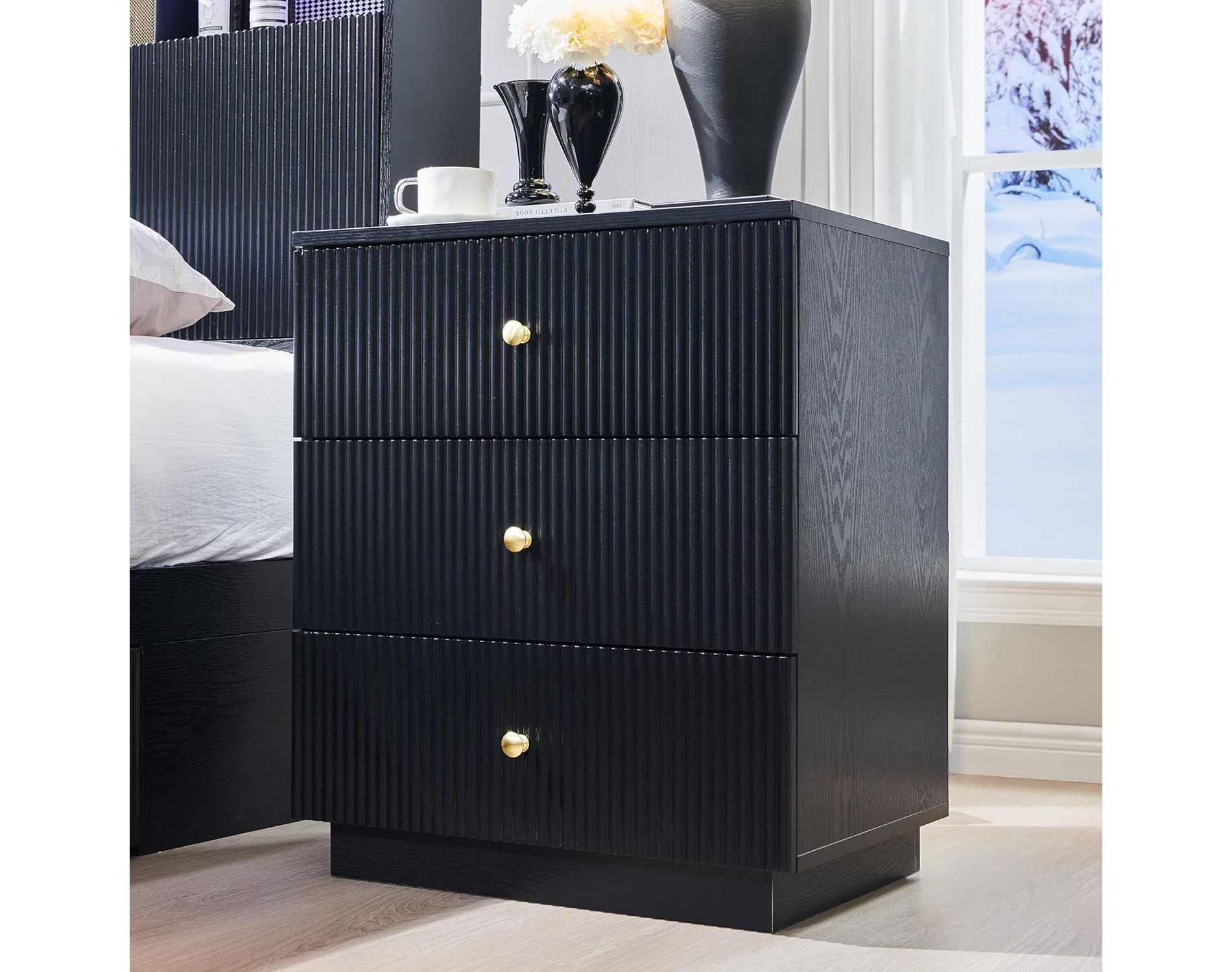 SinCiDo Fluted Nightstand with Charging Station, 21.65" Wide Modern Wood Bedside Table w/3 Storage Drawers for Bedroom, Living Room